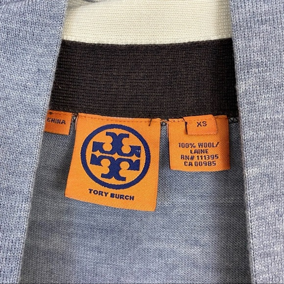 Tory Burch Caz Cardigan 100% Wool Grey Chimney Melange Colorblock Stripe Gray XS - Picture 5 of 8